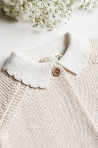 Knitted Scallop collar and button detail of a cardigan