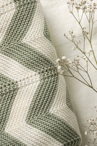 Close up of Stitch Detail Sage and Cream Knitted Chevron Baby Blanket 