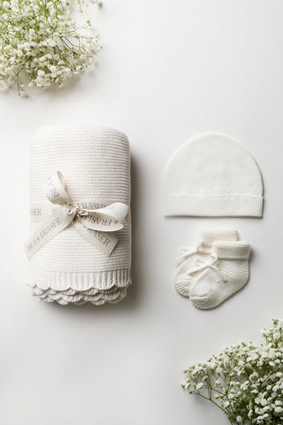 White knitted baby blanket, hat and booties