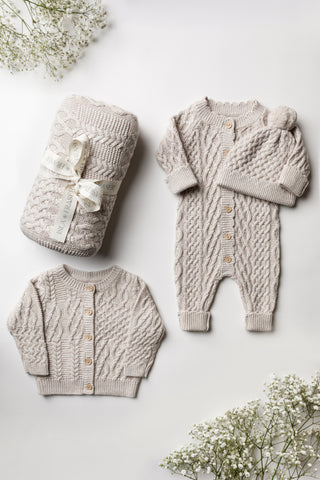 Light grey cable knit baby knitwear set