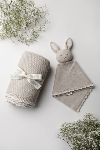 Grey knitted Isla & Fraser baby blanket and bunny comforter