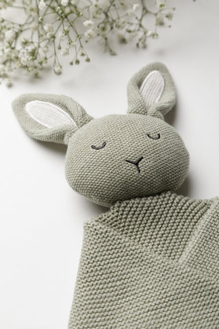 Sage Green knitted 'Isla' Bunny Baby Comforter with sleepy face embroidery and cream ears 