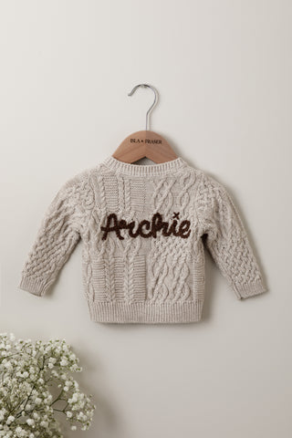 'Archie' hand embroidered personalised baby cardigan in pebble grey