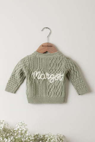 Sage green cable knit cardigan with cream 'Margot' embroidery 