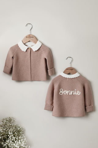 Hand embroidered cardigan with scallop collar and the name Bonnie
