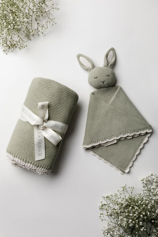 Sage Green Baby Blanket tied with an Isla & Fraser ribbon and a Sage Isla & Fraser Bunny Comforter