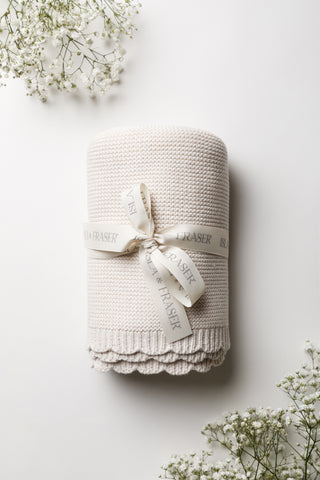 Knitted Organic Cotton Neutral Baby Blanket with Isla & Fraser Ribbon