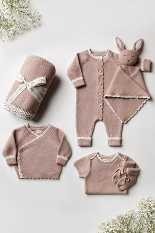 Pink Baby Gift Set containing blanket, clothing, and bunny comforter