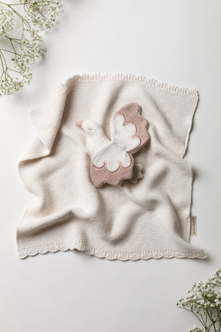 Knitted Stork Baby Comforter Oat with Rose Embroidery