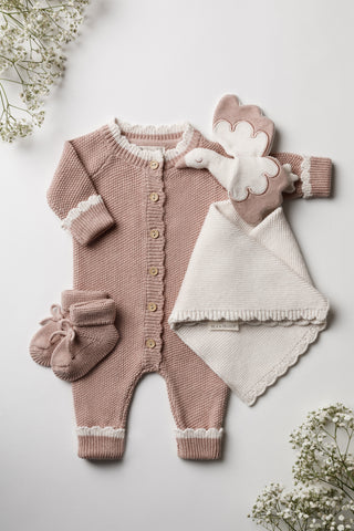 Rose Pink Knitted Baby Booties, Romper and Stork Comforter