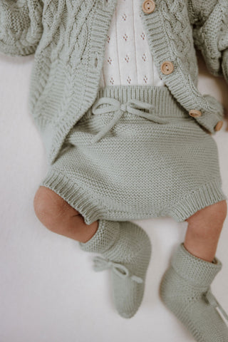 Sage Green Knitted Baby Cardigan, Bloomers and Booties