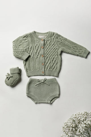 Sage Green Knitted Baby Booties, Cardigan, and Bloomers