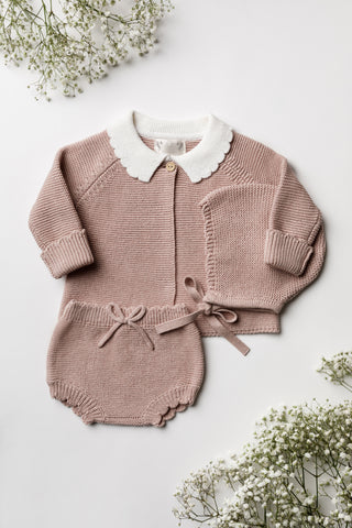 Knitted Pink Baby Outfit comprising cardigan, bloomers, and bonnet