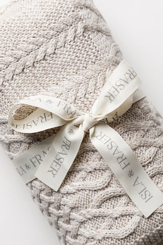 Isla & Fraser Ribbon tied around Cable Knit Baby Blanket Pebble Grey