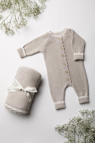 Neutral knitted baby gift set romper and blanket