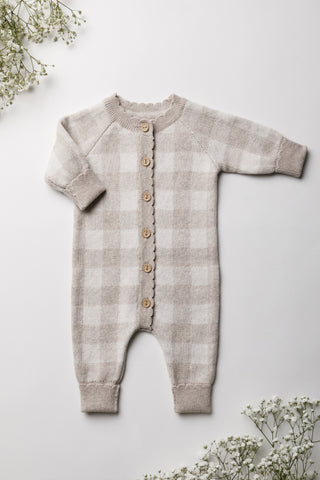 Organic Cotton Gingham Baby Romper - Oat/Pebble